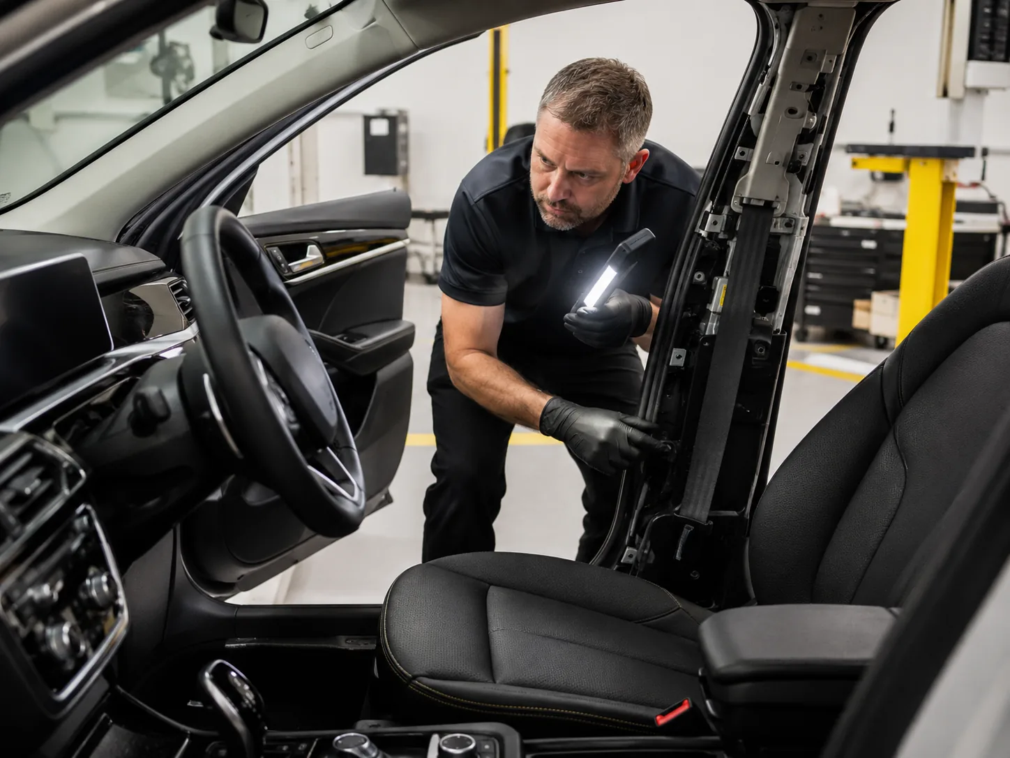 Seat-belt pretensioner area inspected after a restraint-system concern