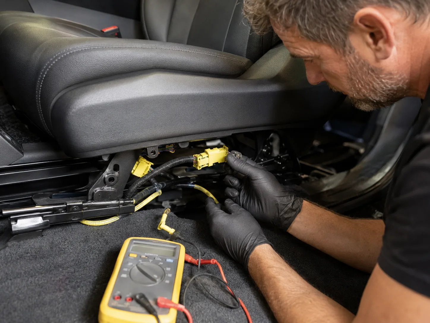 Technician inspecting SRS wiring beneath the passenger seat