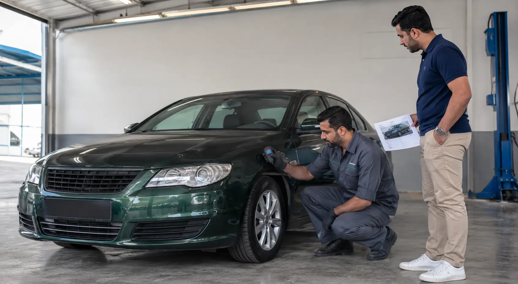 Used car condition inspection with a buyer in Dubai