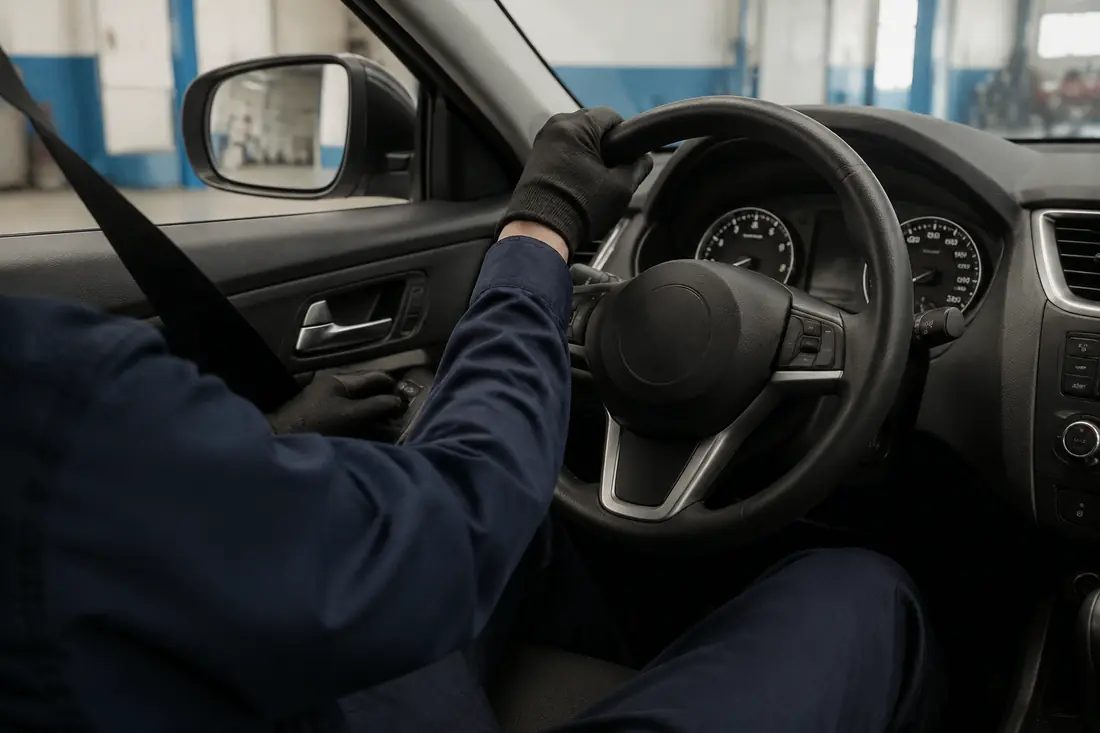 Vehicle controls and warning lights being checked before a road test