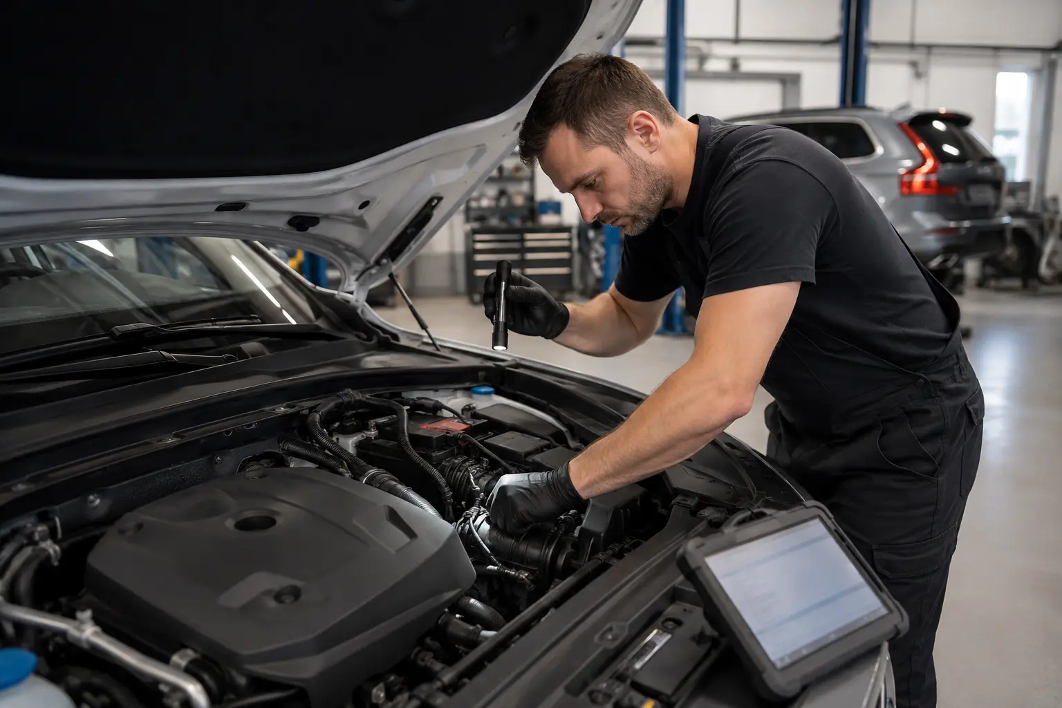 Technician examining a Volvo engine bay and cooling components