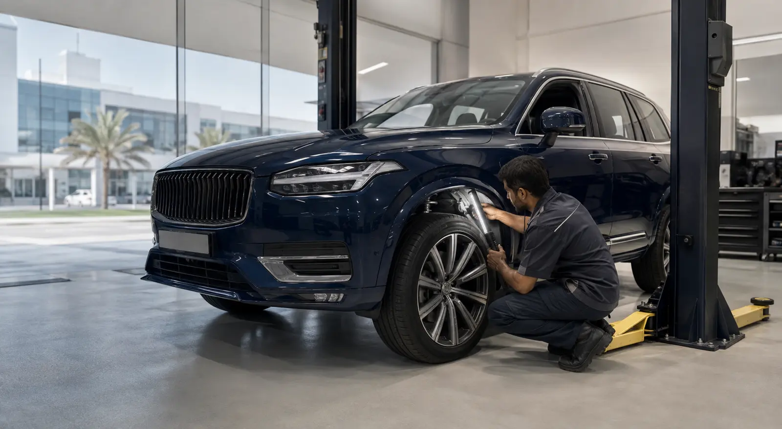 Inspector checking a modern Volvo SUV suspension in a Dubai workshop