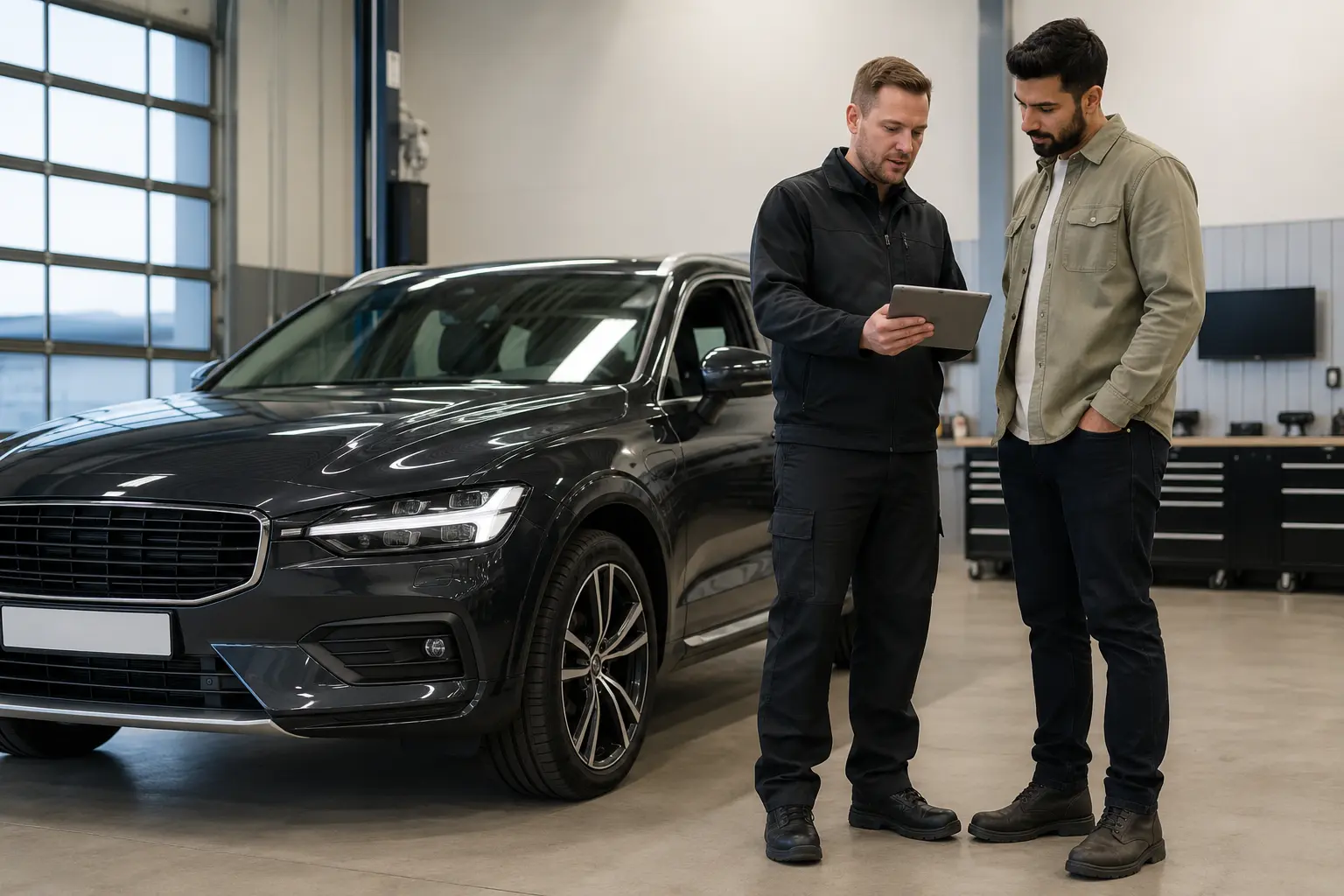 Inspector reviewing Volvo inspection findings with a vehicle buyer